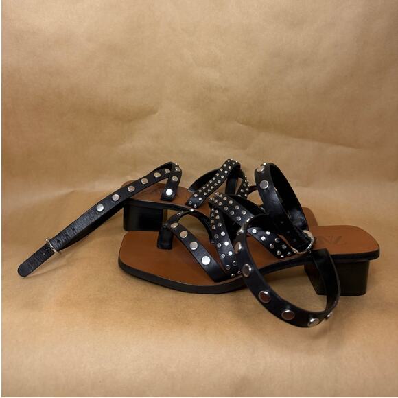 BNWT Zara Studded Genuine Leather Heeled Sandals SZ EU 37 - Picture 6 of 7
